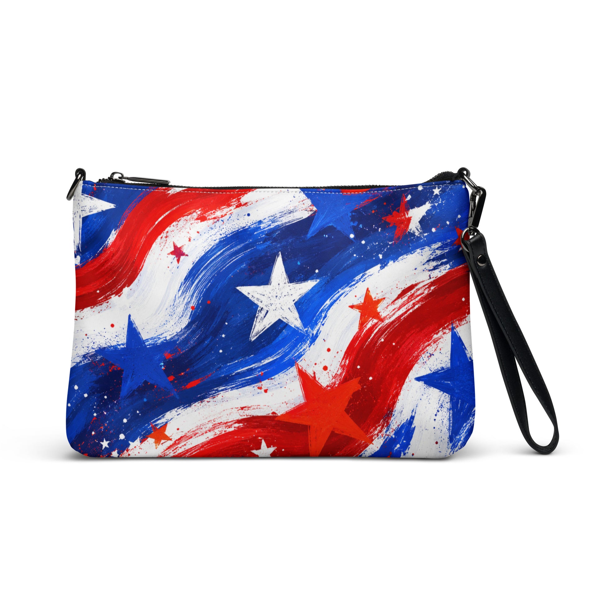 Stars and Stripes all-over print crossbody bag in painted red, white, and blue brushstrokes with scattered stars, black hardware and removable strap