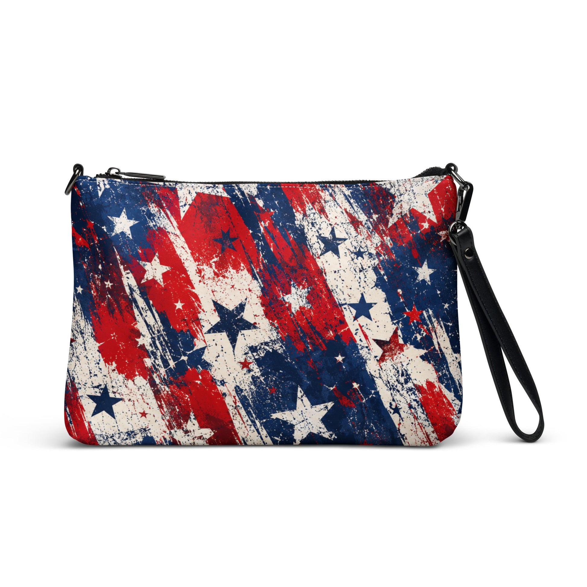 Grunge Stars and Stripes all-over print crossbody bag in distressed red, white, and blue with stars, black hardware and removable strap from No 925