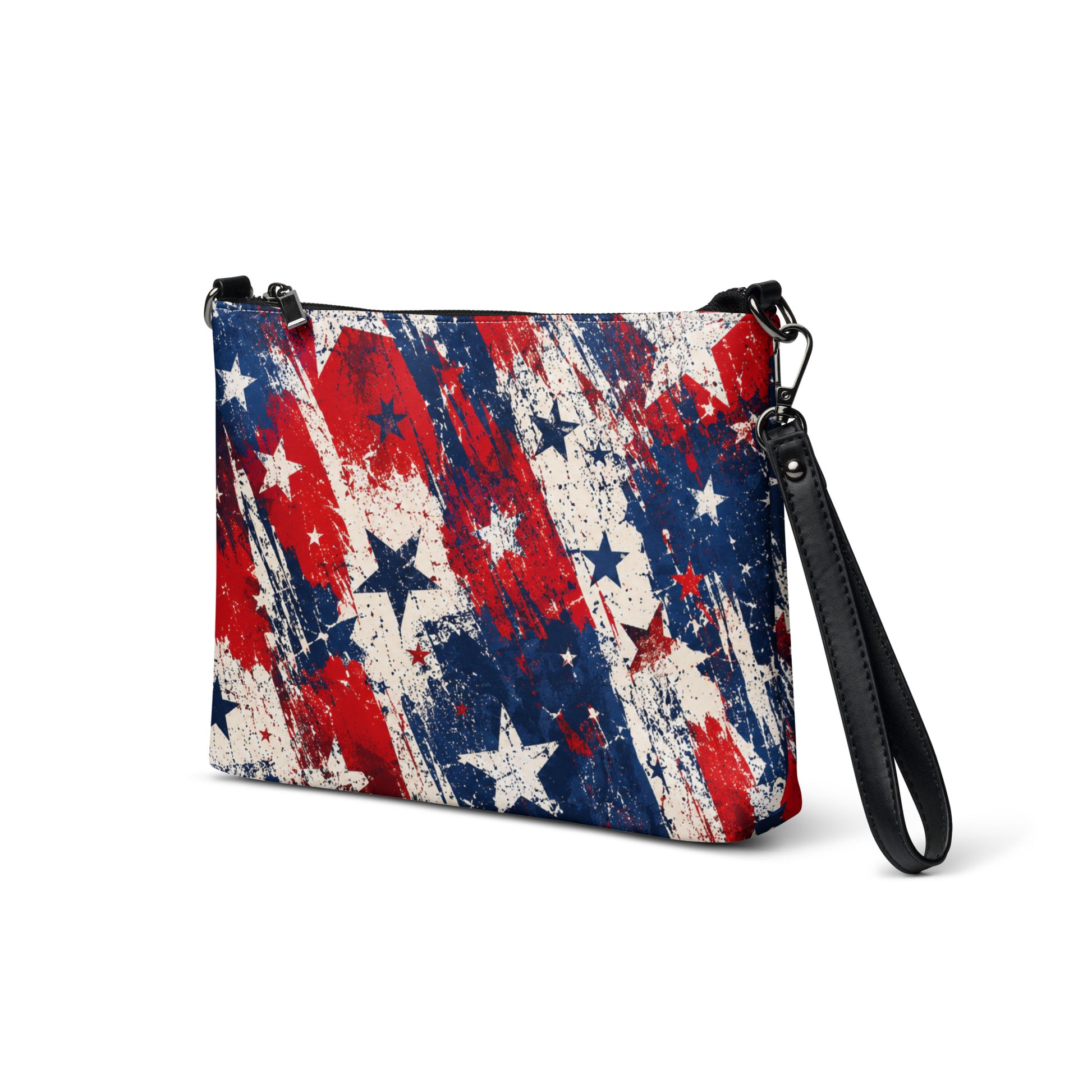 Grunge Stars and Stripes all-over print crossbody bag in distressed red, white, and blue with stars, black hardware and removable strap from No 925