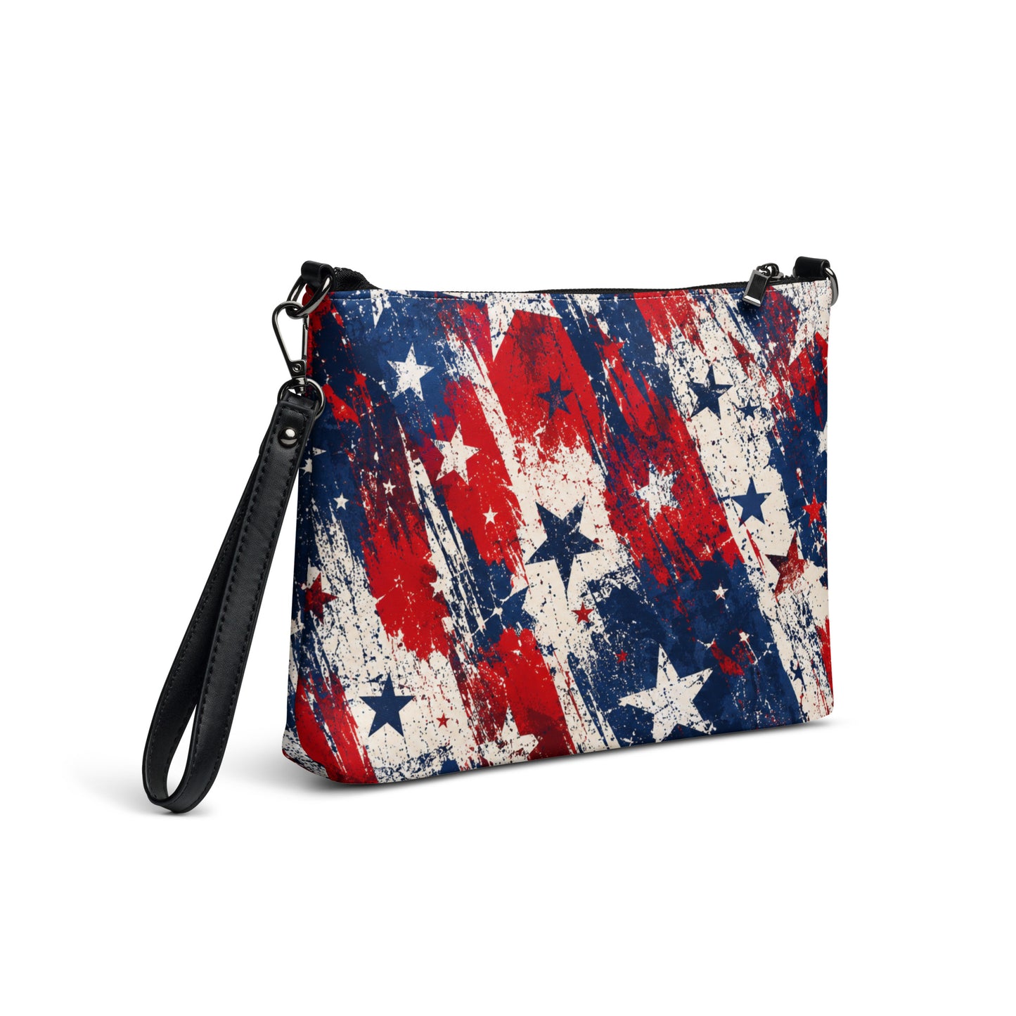 Grunge Stars and Stripes all-over print crossbody bag in distressed red, white, and blue with stars, black hardware and removable strap from No 925