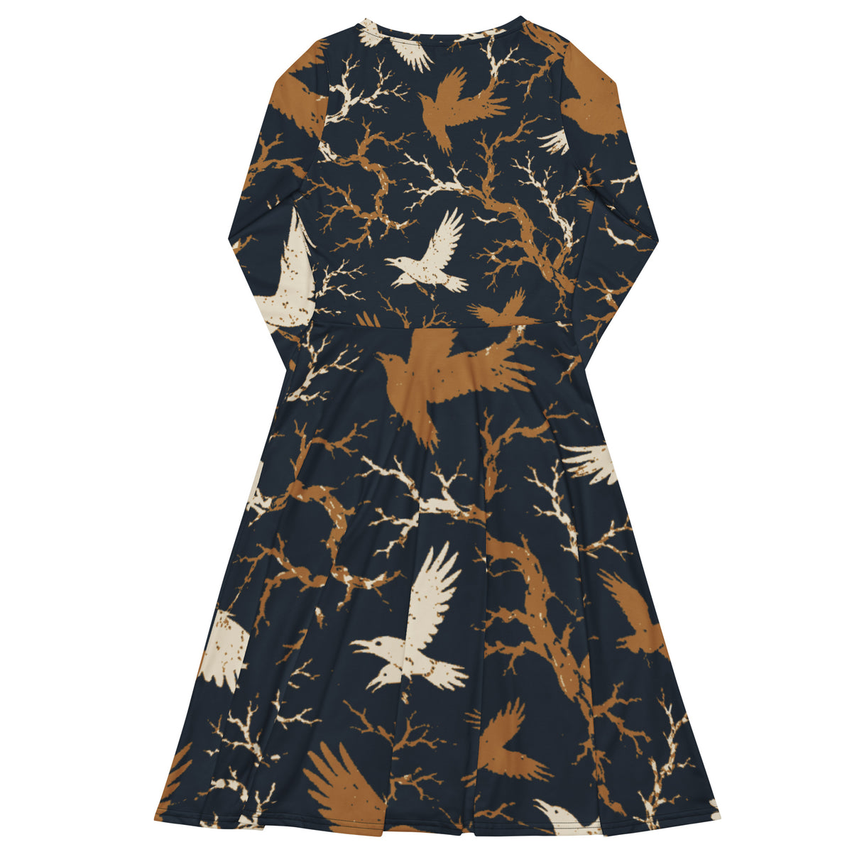 Back view of long sleeve midi dress showing continuous raven and branch print across the shoulders and flared hemline