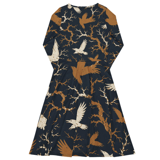 Back view of long sleeve midi dress showing continuous raven and branch print across the shoulders and flared hemline