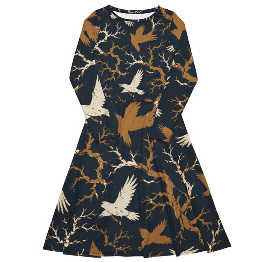 Navy long sleeve midi dress with all-over cream and gold raven and bare branch print, fitted waist and flared skirt, front view