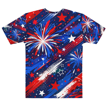 Back view of the Star-Spangled Sky all-over print t-shirt, red, white, and blue fireworks, stars, and streaks continuing edge to edge on navy, No 925 Fourth of July tee