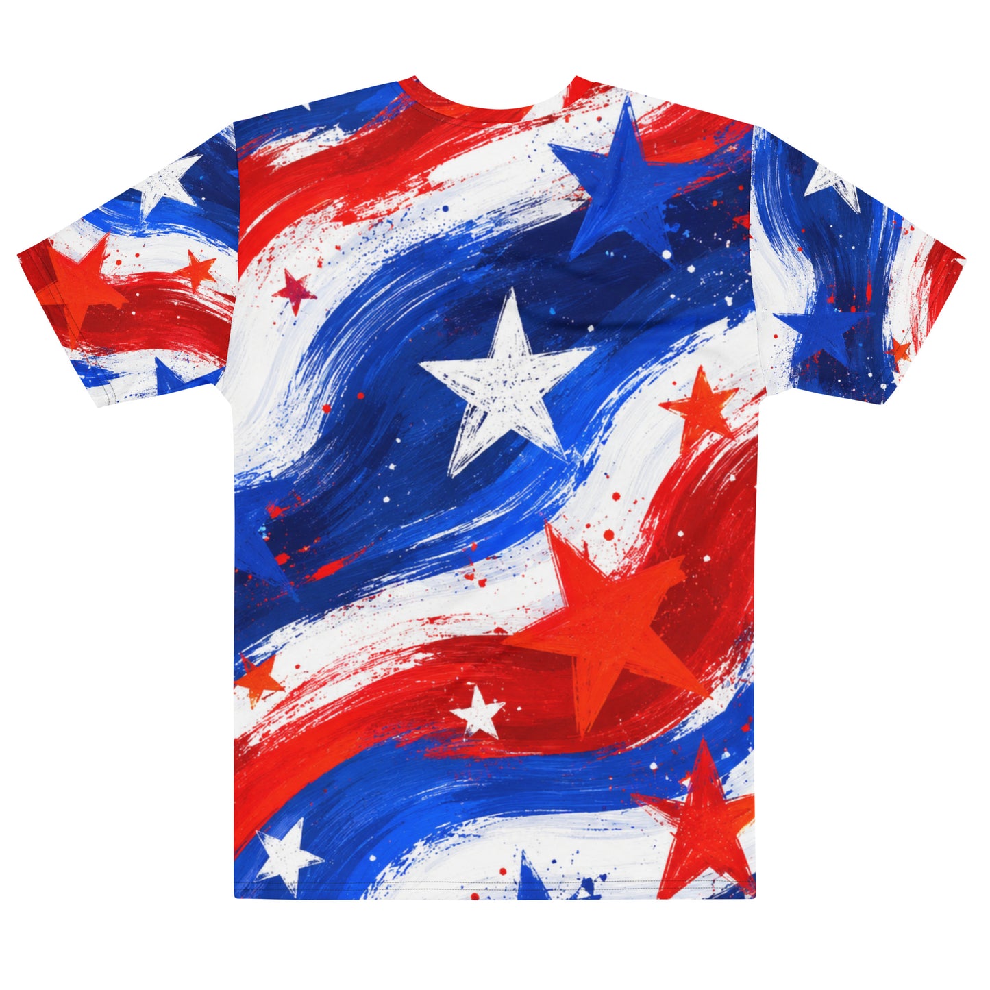 Stars and Stripes all-over print tee in painted red, white, and blue brushstrokes with scattered stars and a bold white star across the chest