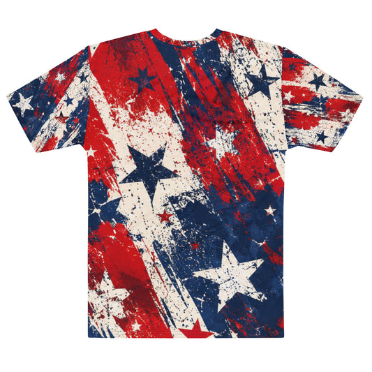 Grunge Stars and Stripes all-over print tee in distressed red, white, and blue with scattered stars and ragged stripes from No 925