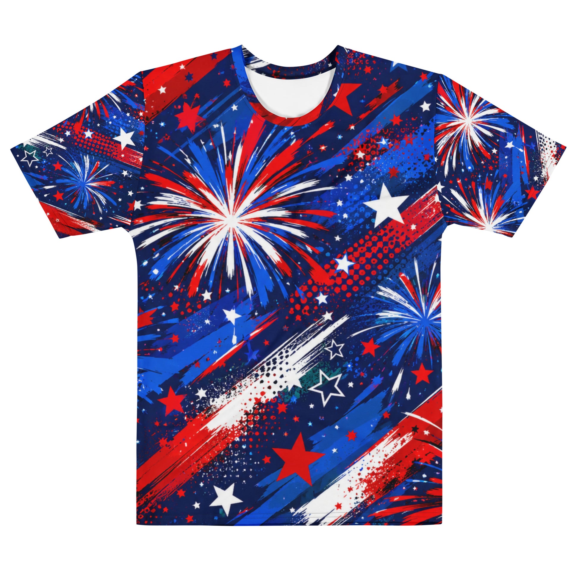 Men's all-over print Star-Spangled Sky t-shirt, bold red, white, and blue fireworks and stars over a navy sky with diagonal streaks, regular fit crew neck, No 925 made to order 4th of July tee