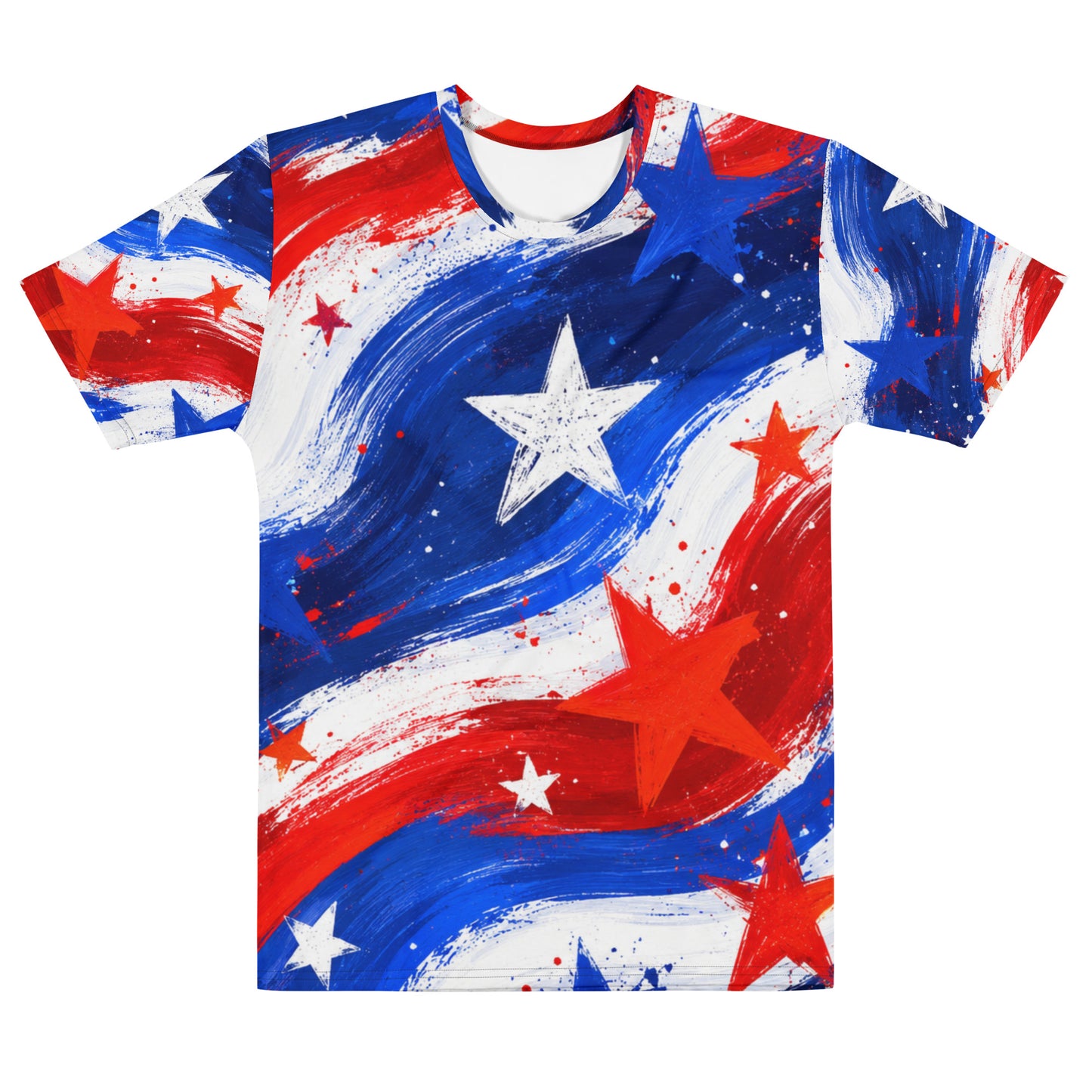 Stars and Stripes all-over print tee in painted red, white, and blue brushstrokes with scattered stars and a bold white star across the chest