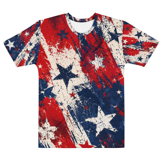 Grunge Stars and Stripes all-over print tee in distressed red, white, and blue with scattered stars and ragged stripes from No 925