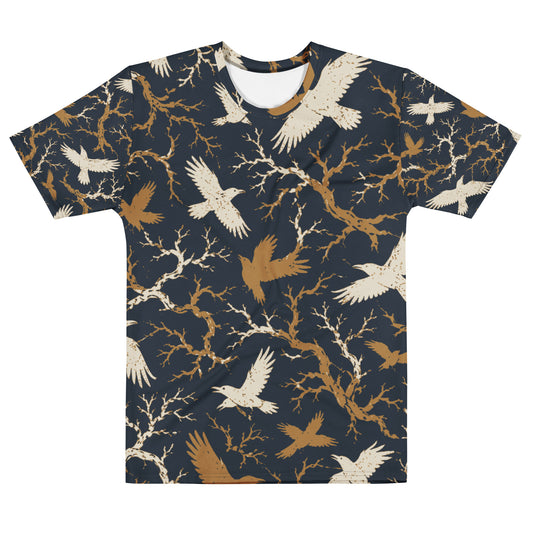 Men's all-over print t-shirt with cream and gold raven and bare branch print on navy background, crew neck, front view