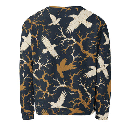 Raven print sweatshirt back view with the same gothic branch and bird pattern wrapping the full unisex crewneck