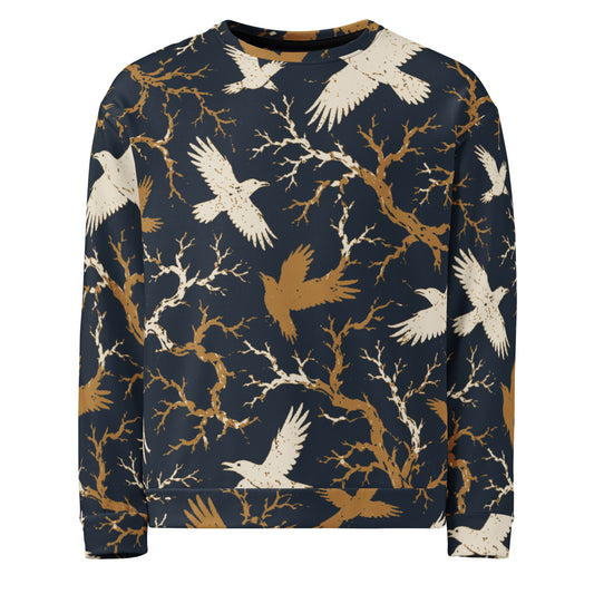 All over print raven sweatshirt front view showing cream and gold ravens flying through bare branches on navy fabric