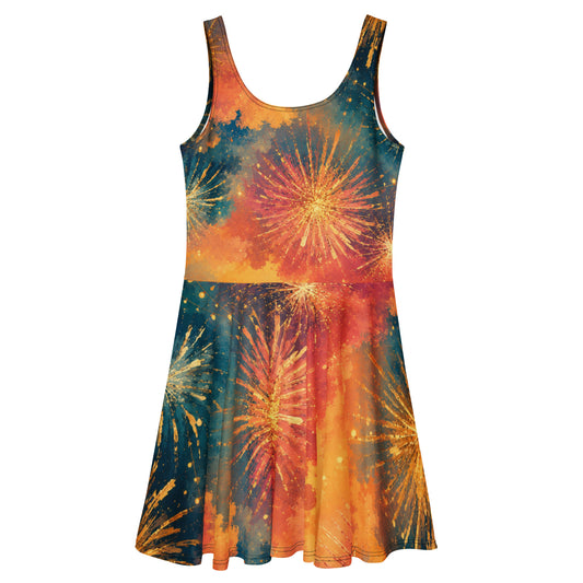 Back view of the all-over print fireworks skater dress, painterly fireworks wrapping the bodice and flared skirt in orange, teal, and gold, No 925 Fourth of July dress