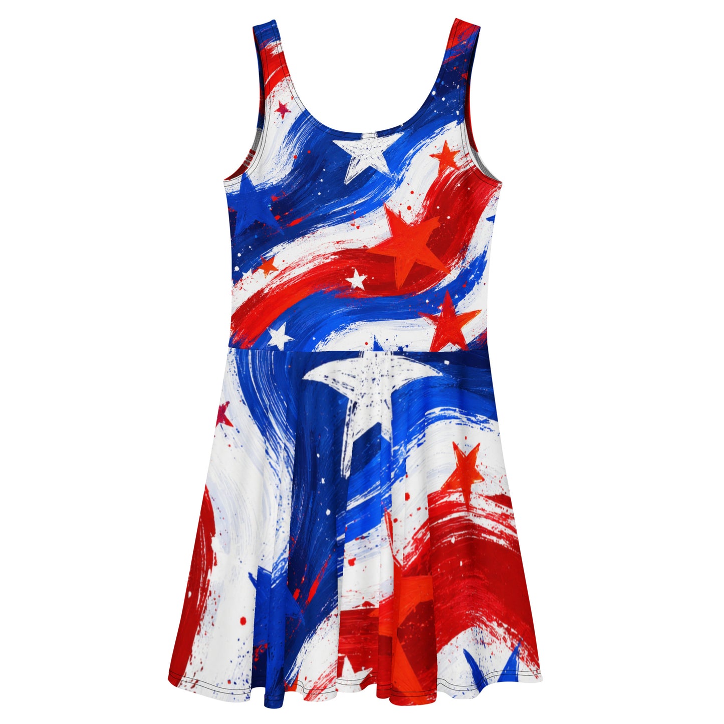 Stars and Stripes all-over print skater dress in painted red, white, and blue brushstrokes with scattered stars, fitted bodice and flared skirt