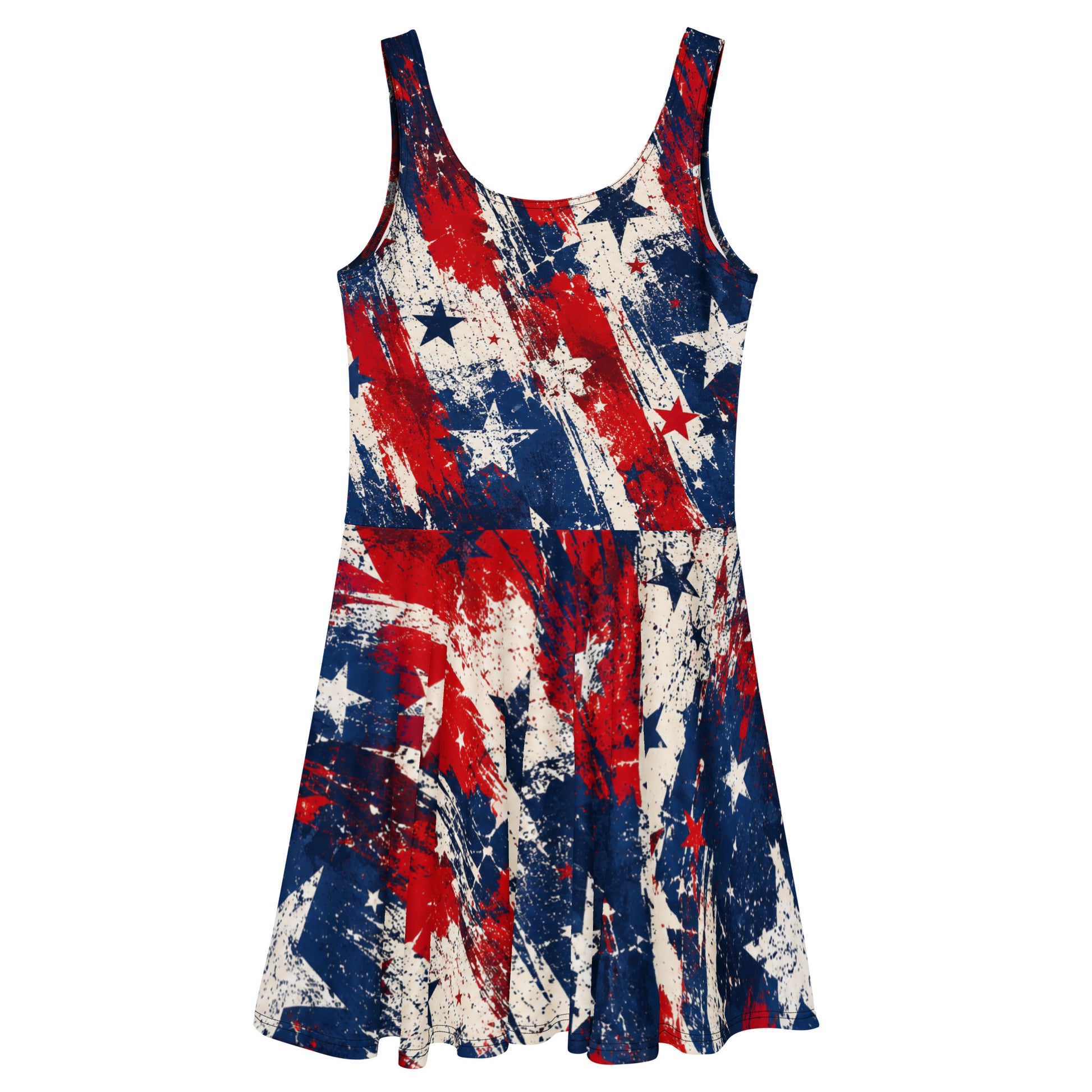 Grunge Stars and Stripes all-over print skater dress in distressed red, white, and blue with scattered stars from No 925