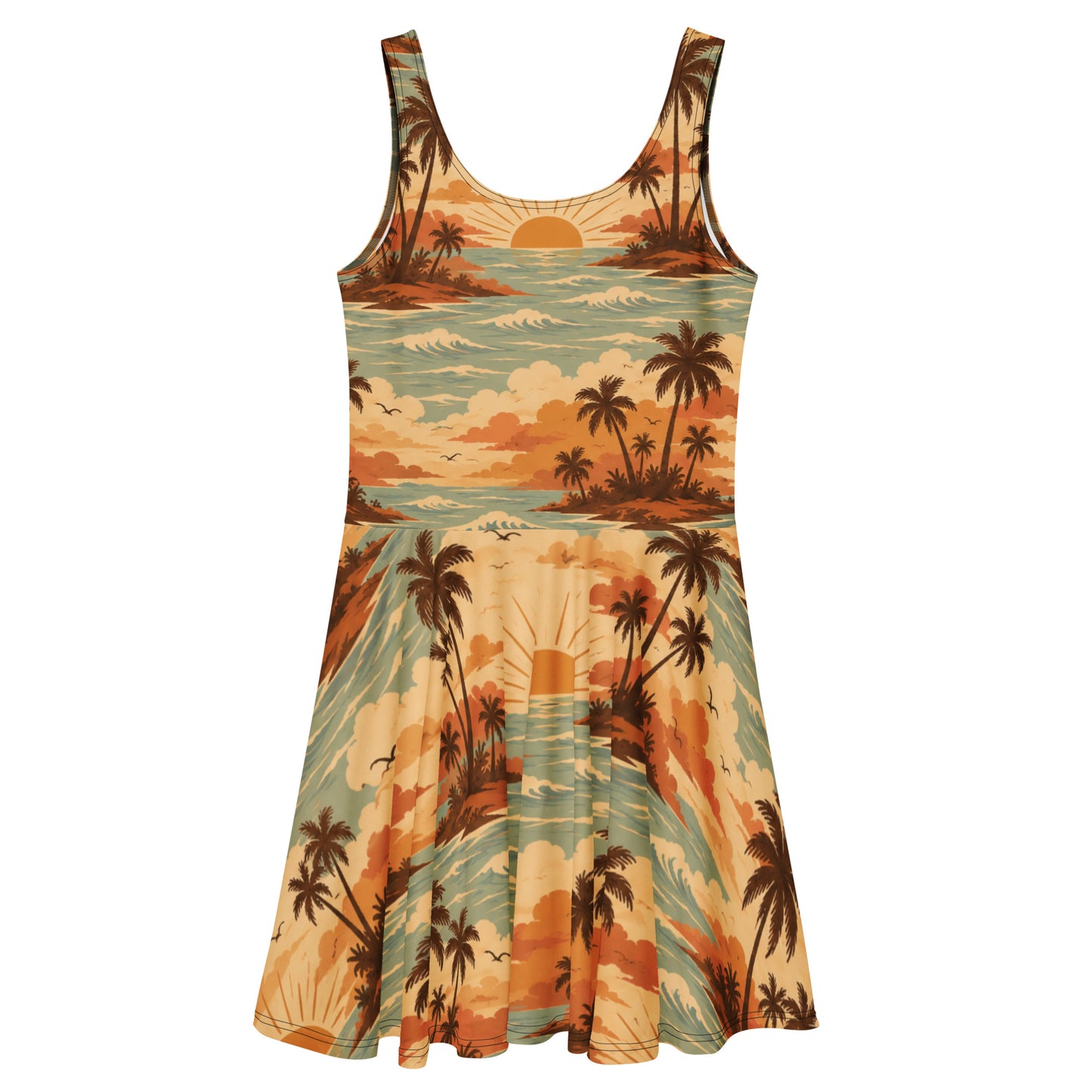 Golden-Hour Summer skater dress with a retro tropical print of palm islands and golden sunsets in warm amber and teal from No 925