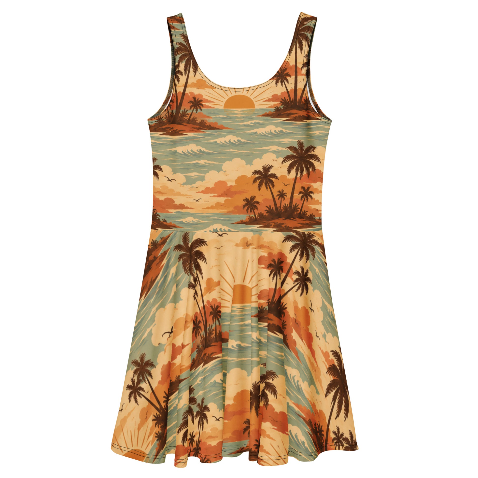 Golden-Hour Summer skater dress with a retro tropical print of palm islands and golden sunsets in warm amber and teal from No 925