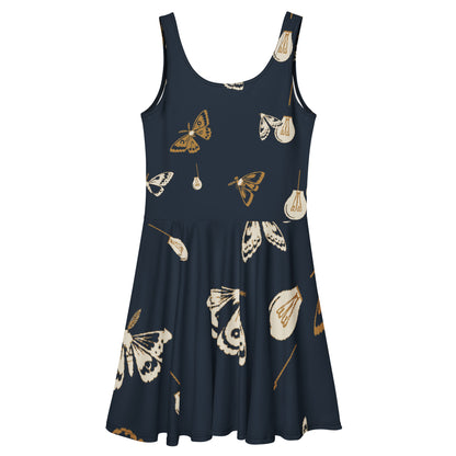 Moth Party All-Over Print Skater Dress with deep navy ivory and ochre moth and lightbulb pattern, back view
