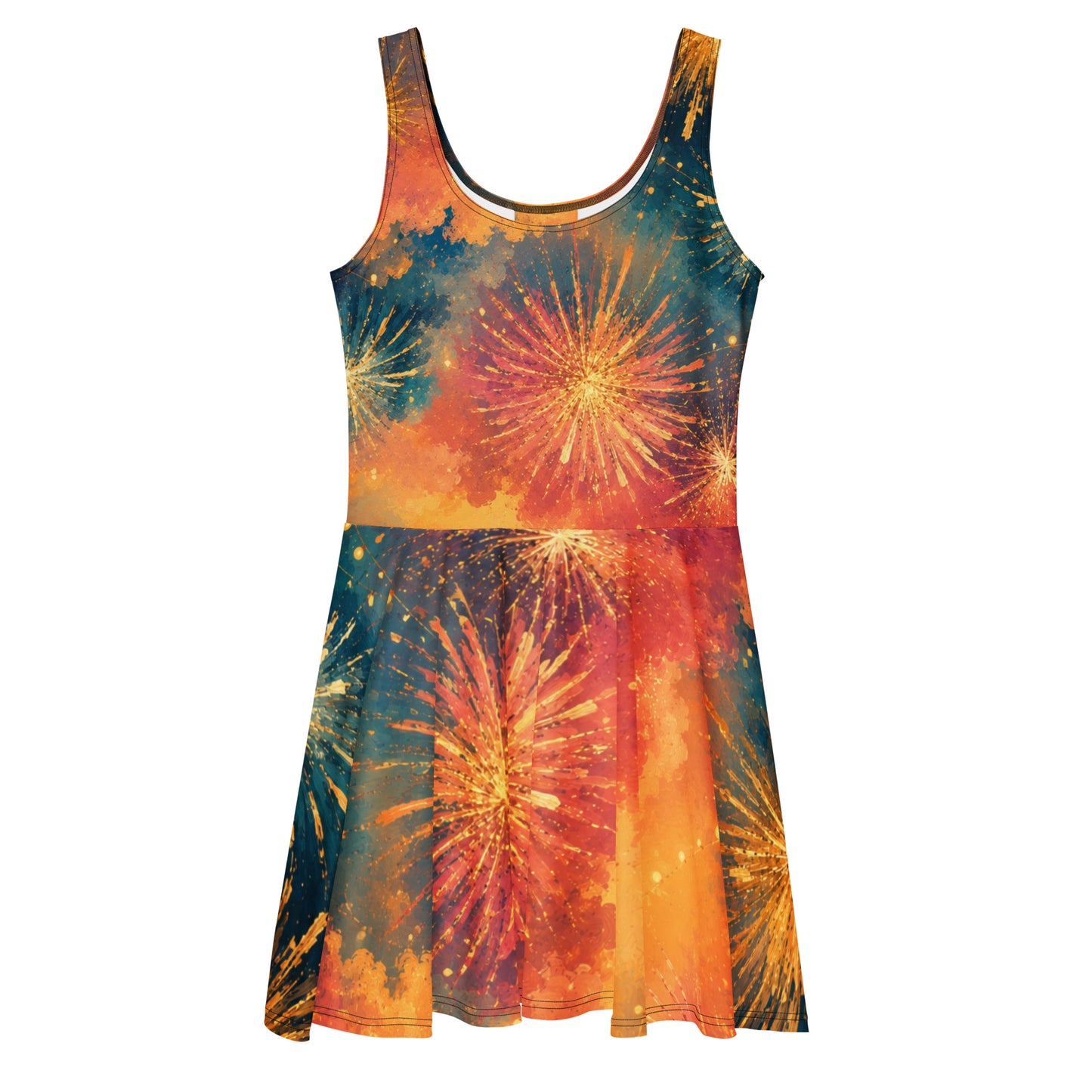 Women's all-over print fireworks skater dress, vivid watercolor fireworks in orange, coral, teal, and gold across a fitted bodice and flared skirt, sleeveless scoop neck, No 925 made to order 4th of July dress
