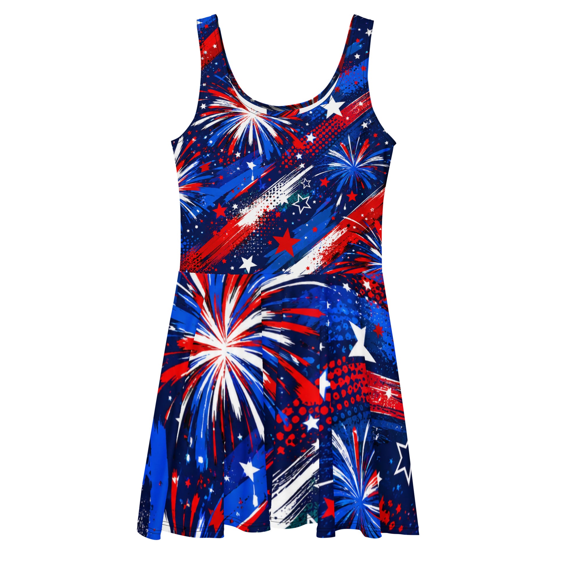 Women's all-over print Star-Spangled Sky skater dress, bold red, white, and blue fireworks and stars over a navy sky, fitted bodice and flared skirt, sleeveless scoop neck, No 925 made to order 4th of July dress