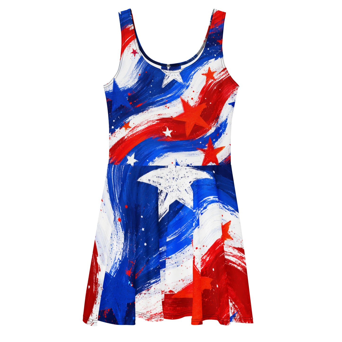 Stars and Stripes all-over print skater dress in painted red, white, and blue brushstrokes with scattered stars, fitted bodice and flared skirt