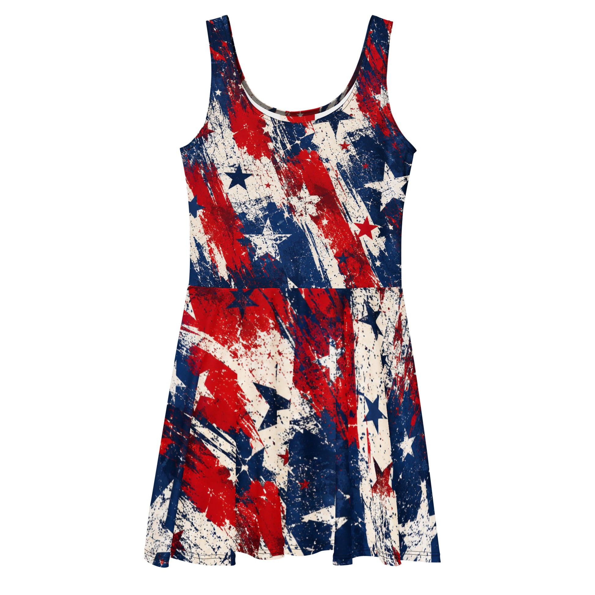 Grunge Stars and Stripes all-over print skater dress in distressed red, white, and blue with scattered stars from No 925