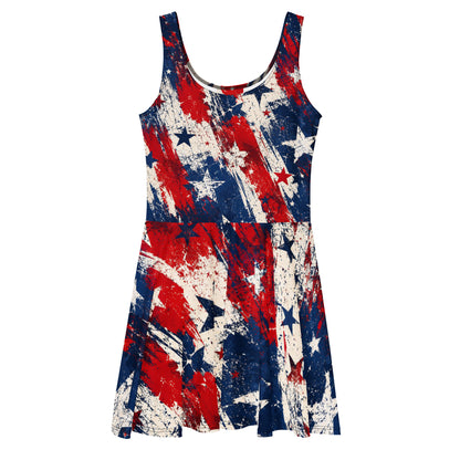 Grunge Stars and Stripes all-over print skater dress in distressed red, white, and blue with scattered stars from No 925