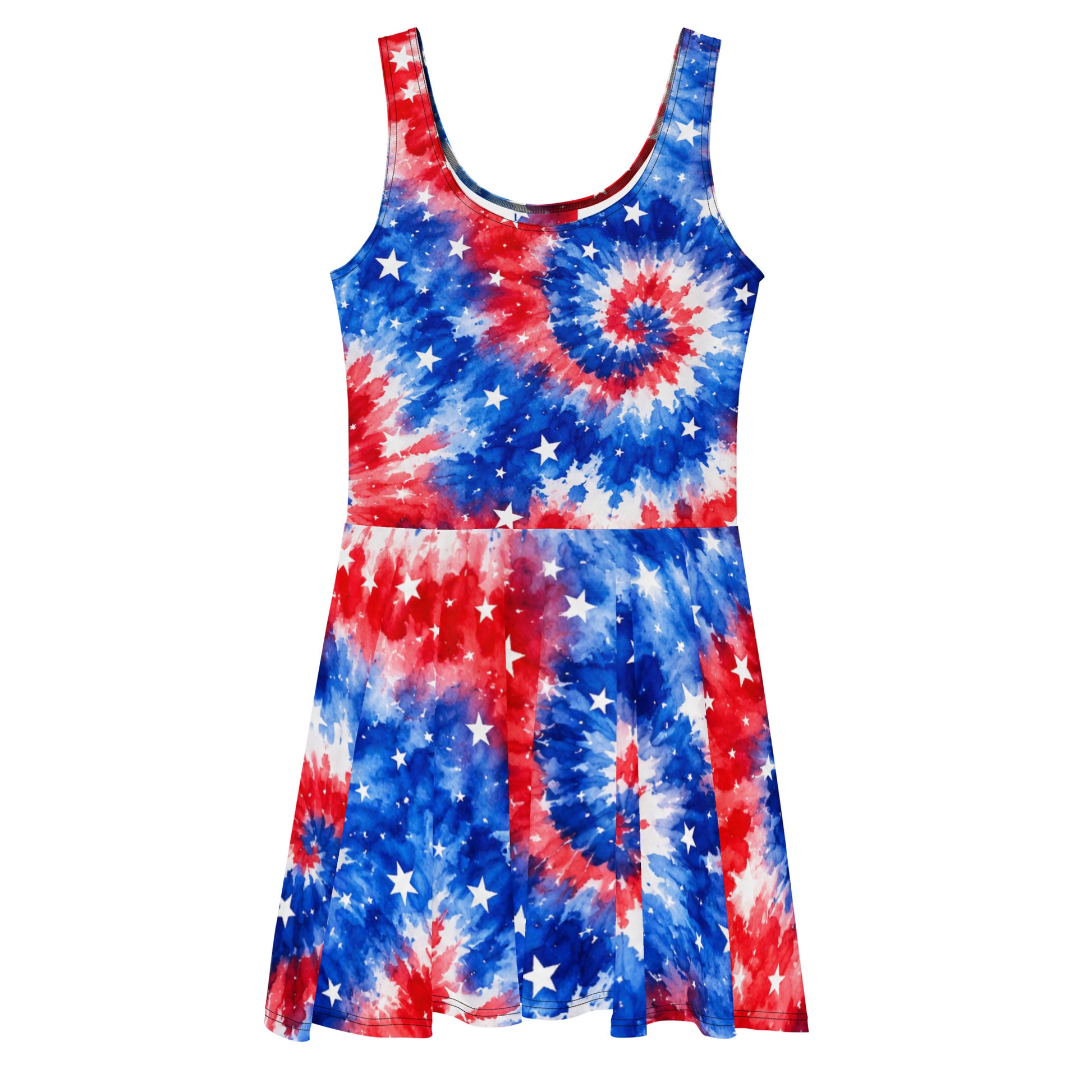 Tie-Dye RWB skater dress in a red, white, and blue spiral tie-dye with scattered white stars from No 925