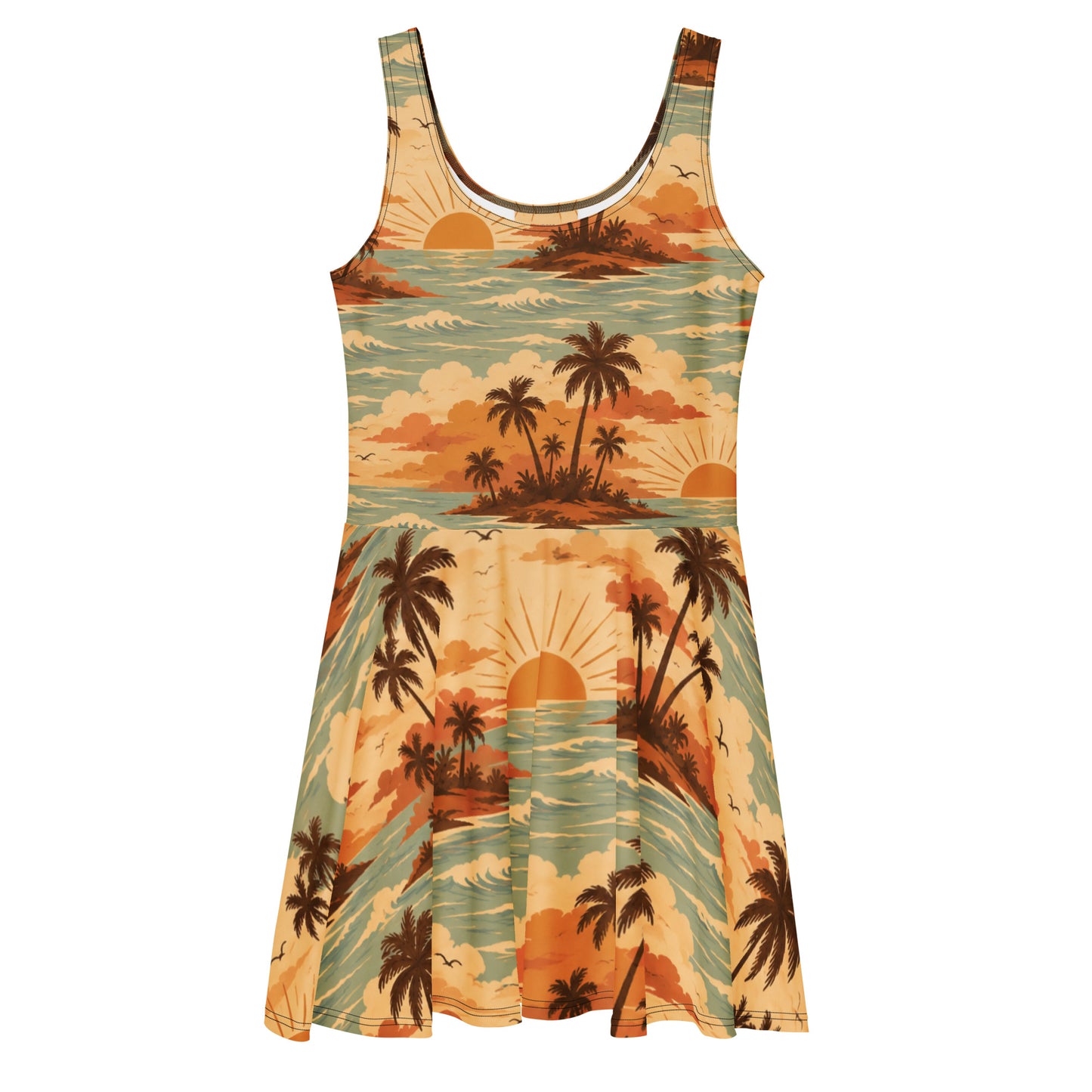 Golden-Hour Summer skater dress with a retro tropical print of palm islands and golden sunsets in warm amber and teal from No 925