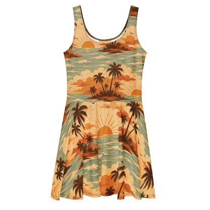 Golden-Hour Summer skater dress with a retro tropical print of palm islands and golden sunsets in warm amber and teal from No 925