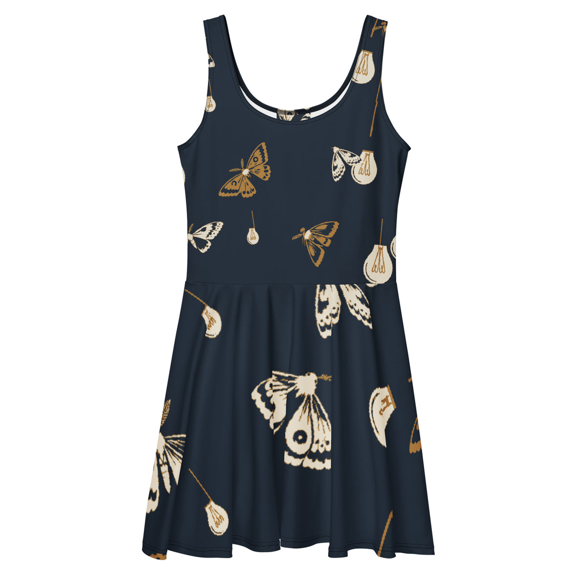 Moth Party All-Over Print Skater Dress with deep navy ivory and ochre moth and lightbulb pattern, front view
