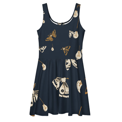 Moth Party All-Over Print Skater Dress with deep navy ivory and ochre moth and lightbulb pattern, front view