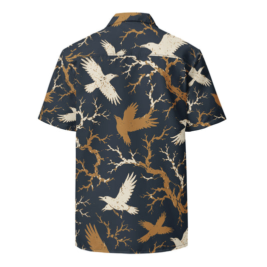 Raven print button shirt back view with the same gothic branch and bird design wrapping the full camp collar shirt