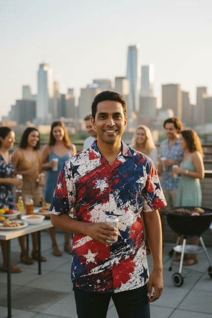 Grunge Stars and Stripes Hawaiian Shirt in white, front view, alternate view