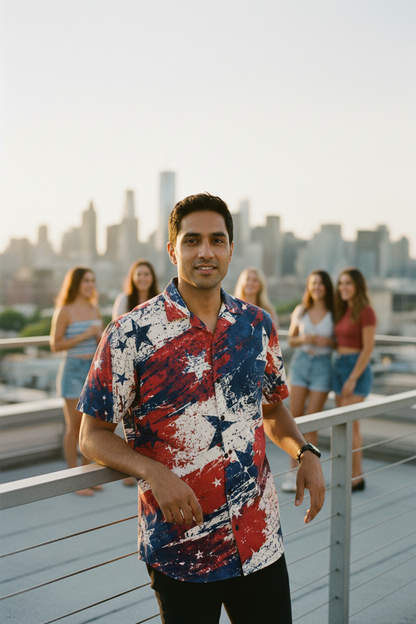 Grunge Stars and Stripes Hawaiian Shirt in white, front view, alternate view 3