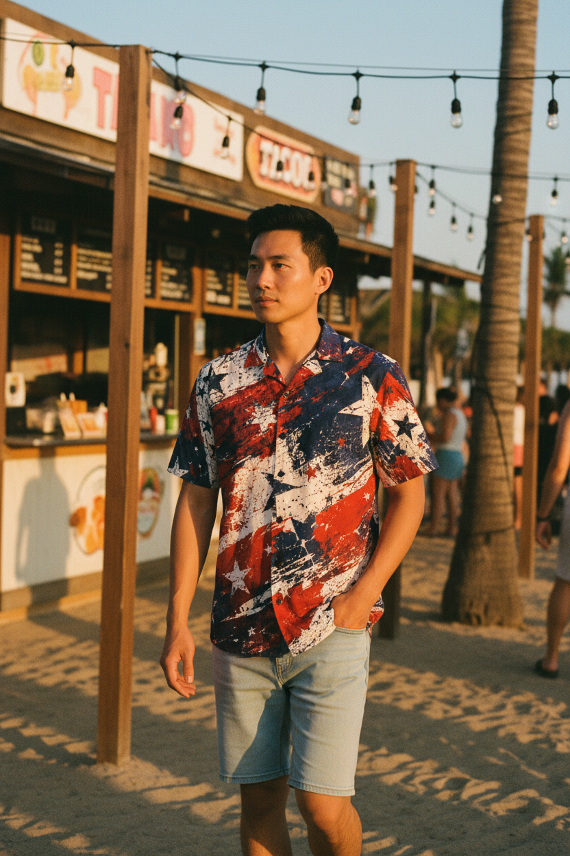 Grunge Stars and Stripes Hawaiian Shirt in white, front view, alternate view 2