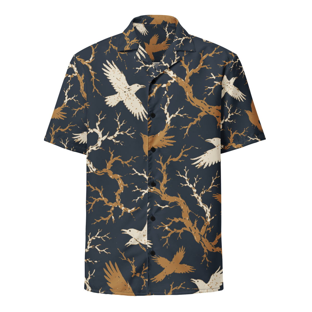 All over print raven button shirt front view with camp collar showing cream and gold ravens across navy branch pattern