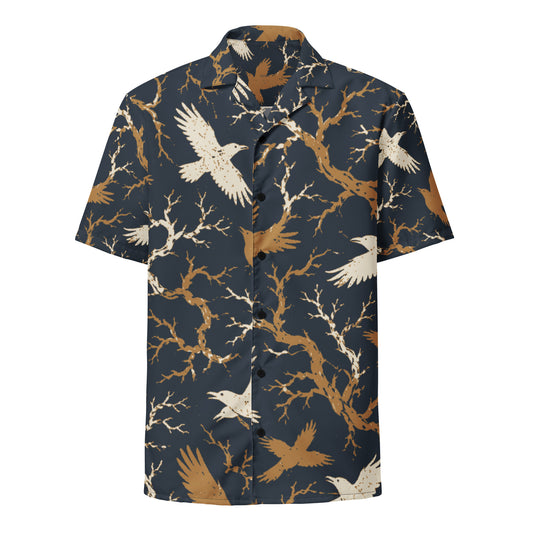 All over print raven button shirt front view with camp collar showing cream and gold ravens across navy branch pattern