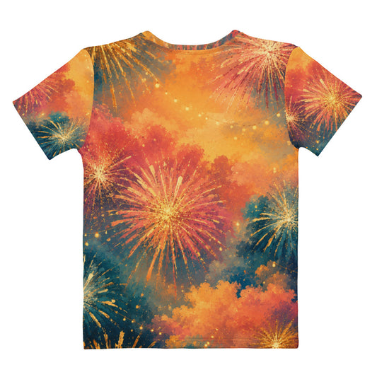 Back view of the women's all-over print fireworks t-shirt, the painterly fireworks design continuing edge to edge in orange, teal, and gold, No 925 Fourth of July tee