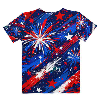 Back view of the Star-Spangled Sky women's all-over print t-shirt, red, white, and blue fireworks, stars, and streaks continuing edge to edge on navy, No 925 Fourth of July tee