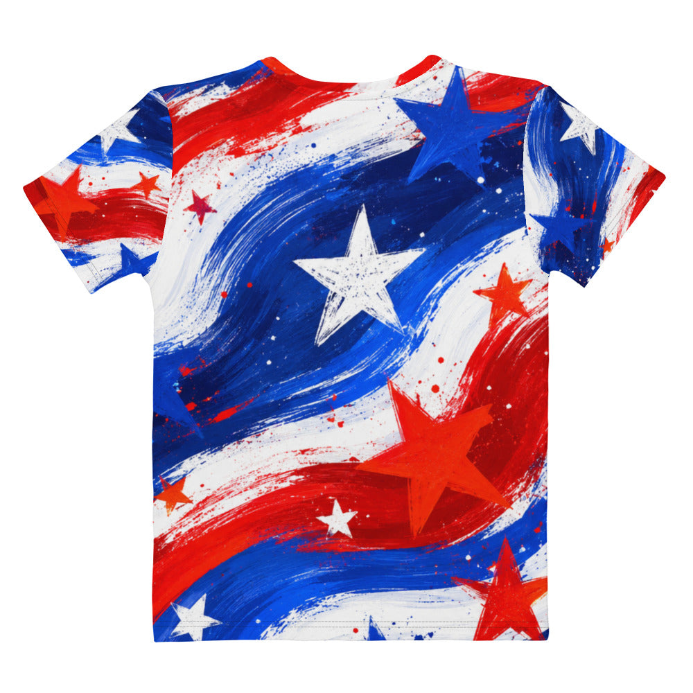 Stars and Stripes all-over print women's crew neck tee in painted red, white, and blue brushstrokes with scattered stars and a bold white star