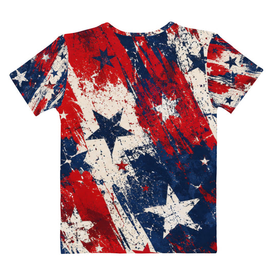Grunge Stars and Stripes all-over print womens crew neck tee in distressed red, white, and blue with scattered stars from No 925