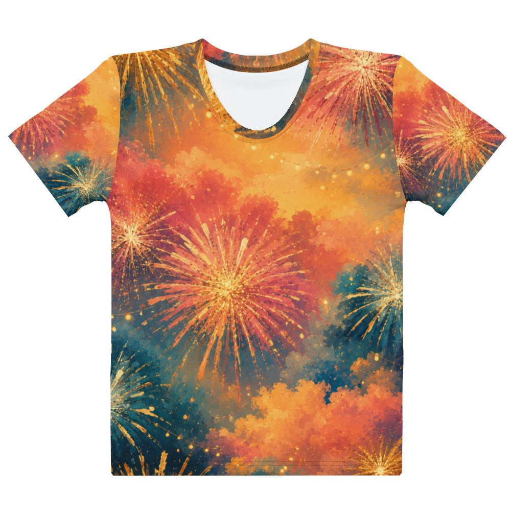 Women's all-over print fireworks t-shirt, vivid watercolor fireworks in orange, coral, teal, and gold bursting across a twilight sky, regular fit crew neck, No 925 made to order 4th of July tee