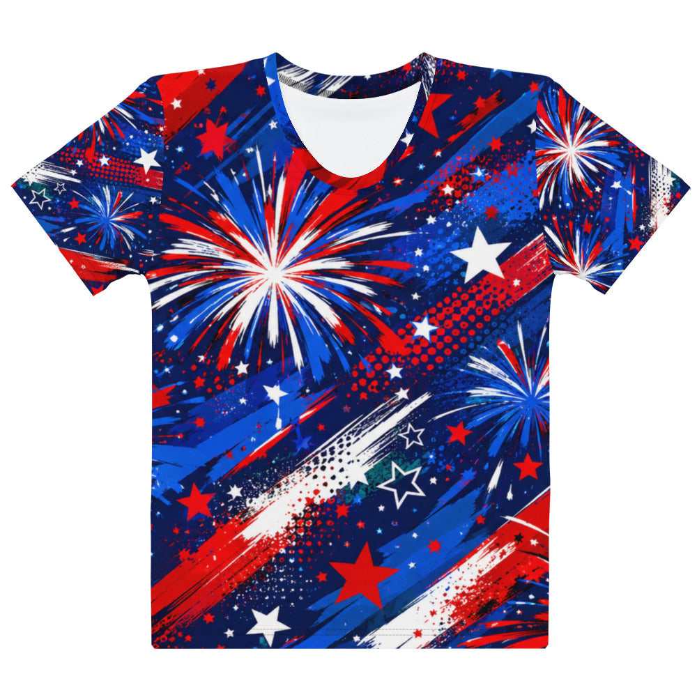 Women's all-over print Star-Spangled Sky t-shirt, bold red, white, and blue fireworks and stars over a navy sky with diagonal streaks, regular fit crew neck, No 925 made to order 4th of July tee