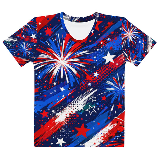 Women's all-over print Star-Spangled Sky t-shirt, bold red, white, and blue fireworks and stars over a navy sky with diagonal streaks, regular fit crew neck, No 925 made to order 4th of July tee