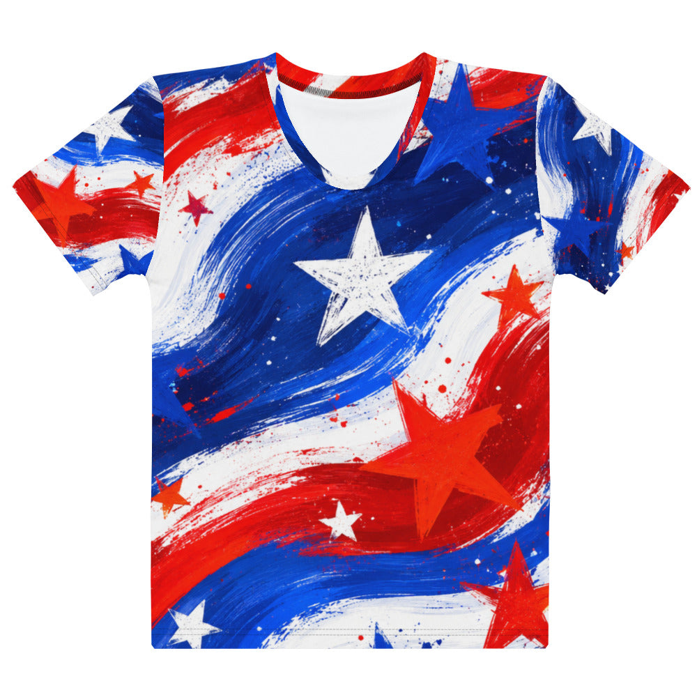 Stars and Stripes all-over print women's crew neck tee in painted red, white, and blue brushstrokes with scattered stars and a bold white star