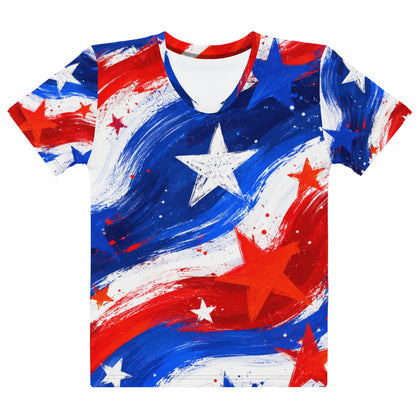 Stars and Stripes all-over print women's crew neck tee in painted red, white, and blue brushstrokes with scattered stars and a bold white star