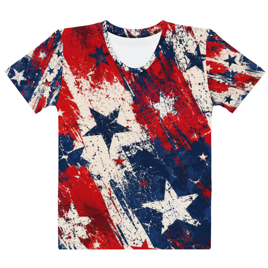 Grunge Stars and Stripes all-over print womens crew neck tee in distressed red, white, and blue with scattered stars from No 925