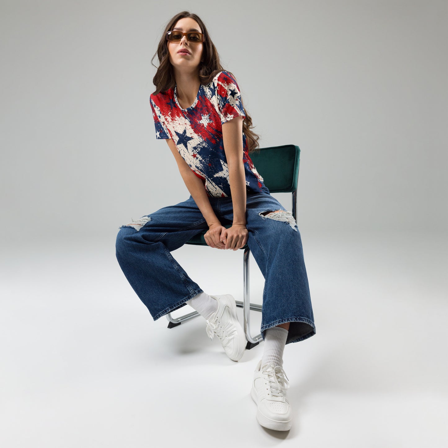 Grunge Stars and Stripes all-over print womens crew neck tee in distressed red, white, and blue with scattered stars from No 925