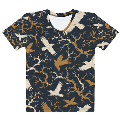 Women's all-over print t-shirt with cream and gold raven and bare branch print on navy background, crew neck, front view